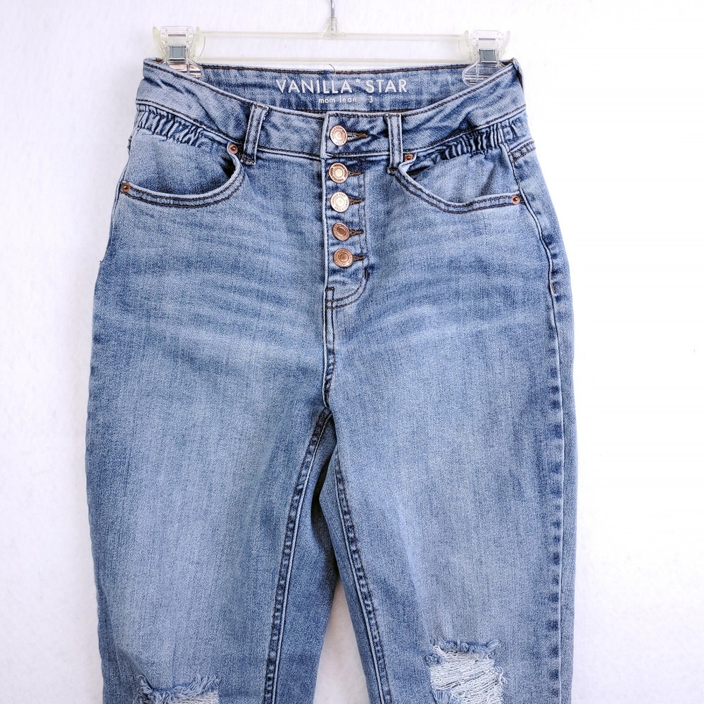 Vanilla Star Mom Jeans Blue Mid Rise Distressed Button Fly Junior's Size 3 - Picture 3 of 7